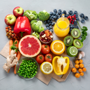 A delicious spread of fruit and vegetables to keep your body and skin healthy