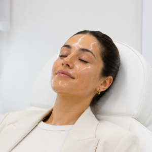 Woman with glowing skin in the aesthetics chair at Intrigue Cosmetic Clinic enjoying her skin prep for skin boosters