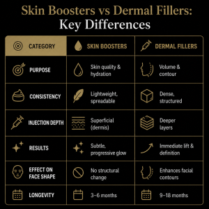 Quick glance guide to the differences between skin boosters Vs dermal fillers.