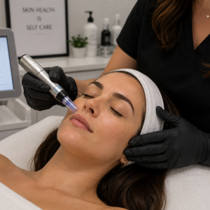 Woman having a. professional microneedling session at Intrigue Cosmetic Clinic in Gravesend, Dartford, Meopham, Kent