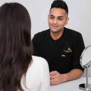 Amish Patel, BEM in consultation with a client discussing their skin goals and aesthetic treatments.