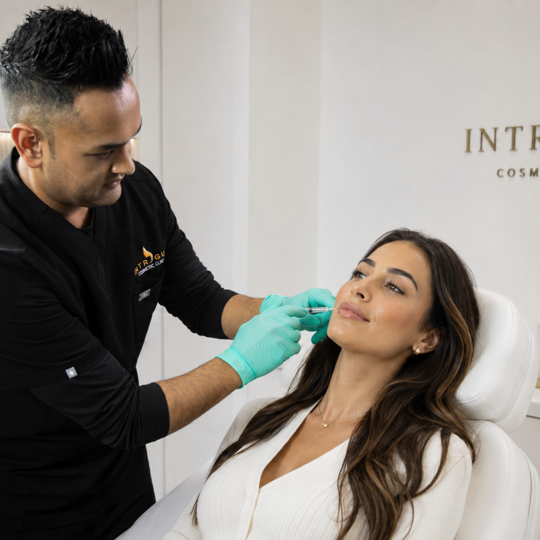 Amish Patel, BEM and Founder of Intrigue Cosmetic Clinic, Gravesend, Dartford, Meopham, Kent with a client. Treatment for dermal fillers