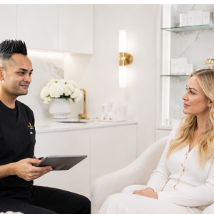 Amish Patel, BEM, in consultation with a client, discussing dermal filler treatments.